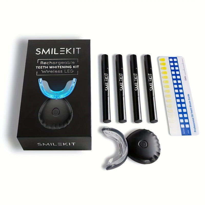 SMILE-KIT Wireless Teeth Whitening Kit with LED light, whitening gel pens, and shade guide.