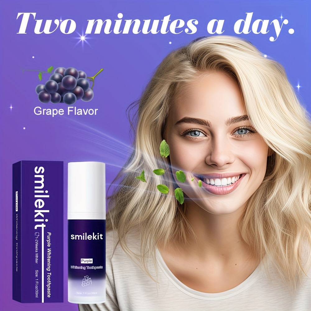 Grape-flavored purple whitening toothpaste for a radiant smile.