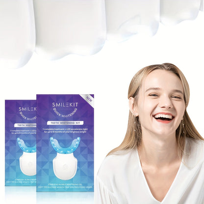 Wireless teeth whitening kit with LED lights and gel pens for at-home use.