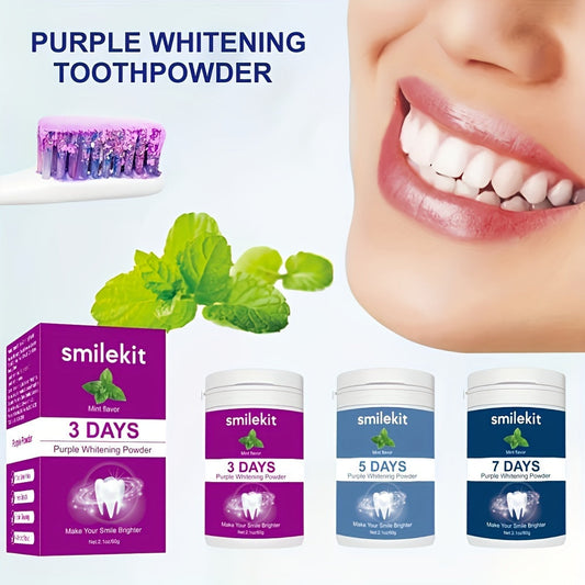 SMILEKIT Purple Teeth Whitening Powder with mint flavor for a brighter smile.