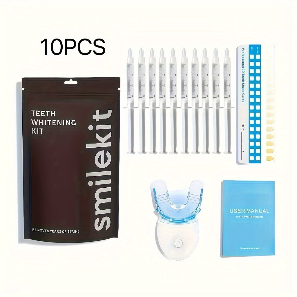 SMILEKIT Home Teeth Whitening Kit with LED Light, 10PCS, includes whitening gel pens, LED light, mouth tray, and shade guide.