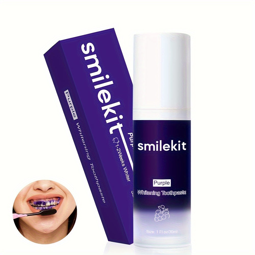 Purple Whitening Toothpaste with grape flavor for whiter teeth and fresh breath.