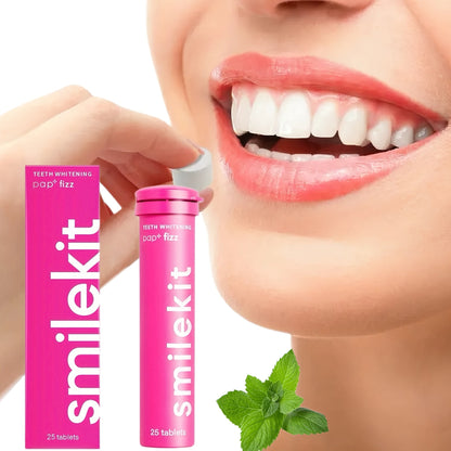 Teeth Whitening Pap+ Fizz tablets and packaging for brighter smile.