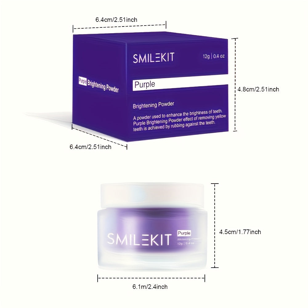 SMILEKIT Purple Teeth Whitening Powder packaging and jar with dimensions.