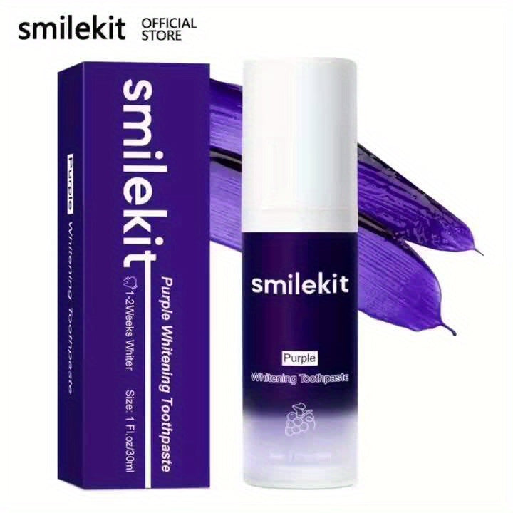 Purple Whitening Toothpaste in purple packaging by Smilekit, offering grape flavor and whitening benefits.