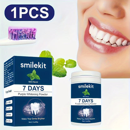 SMILEKIT Purple Teeth Whitening Powder with mint flavor, showing packaging and bright smile results.