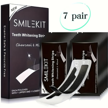 Bamboo Charcoal Teeth Whitening Strips packaging with multiple strips shown.