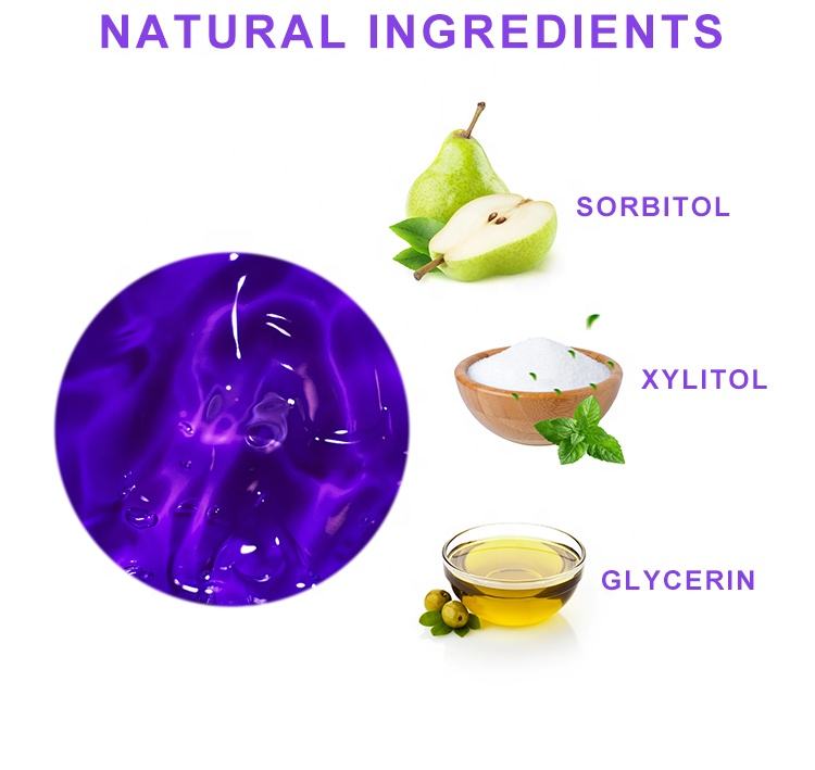 Purple Whitening Toothpaste natural ingredients: pear for sorbitol, mint for xylitol, and oil for glycerin.