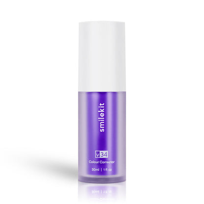 V34 Color Corrector Serum by Smilekit, 30ml bottle, purple packaging.