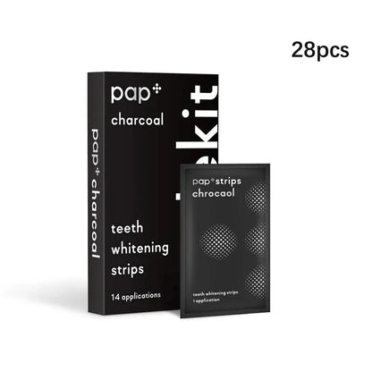 PAP+ Charcoal Whitening Strips packaging with 14 applications for teeth whitening.