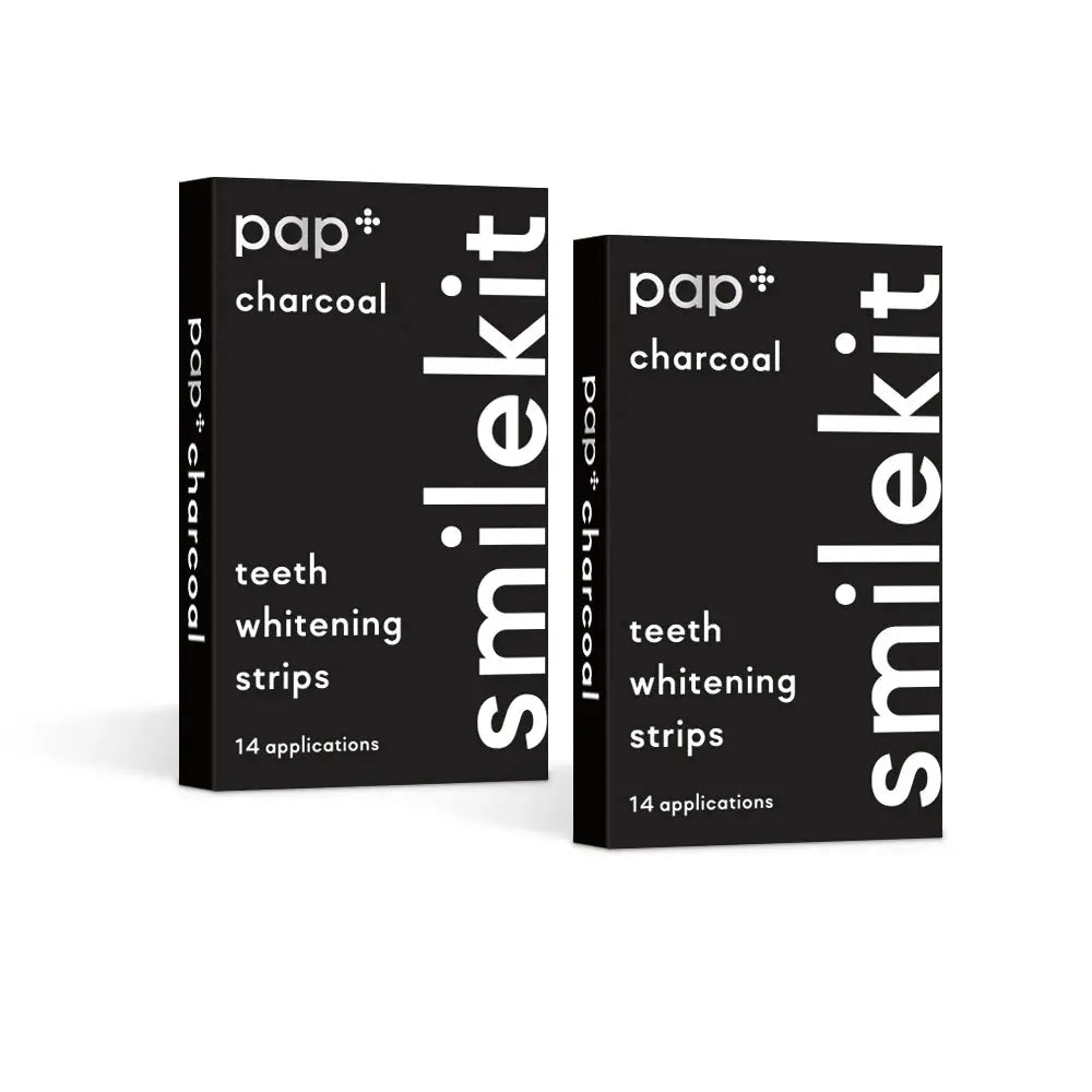 PAP+ Charcoal Whitening Strips, 14 applications, black and white packaging.