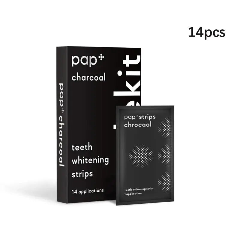 PAP+ Charcoal Whitening Strips pack of 14 applications for instant teeth whitening.