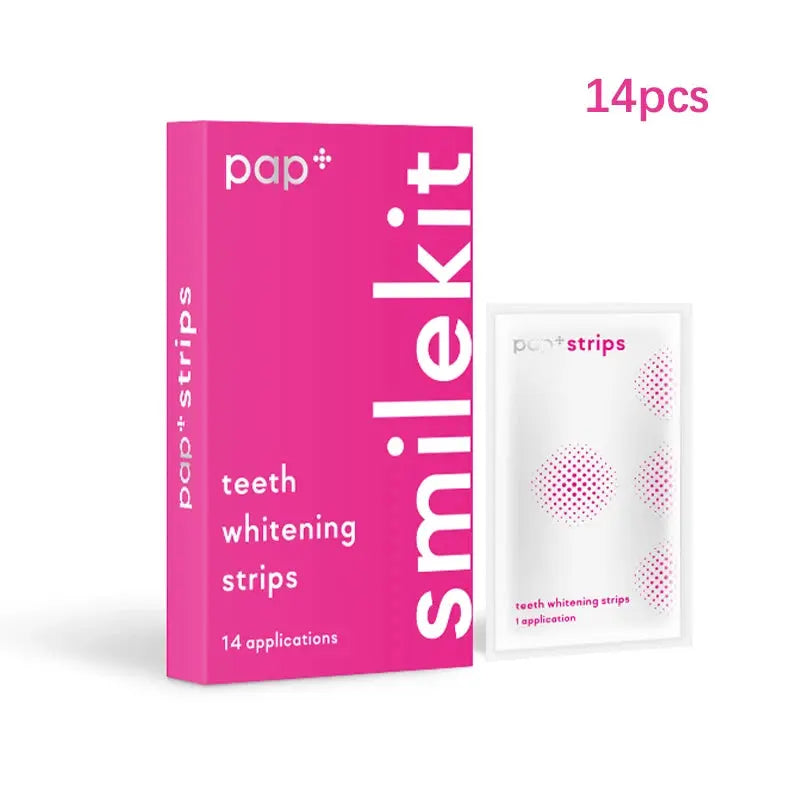 PAP+ Whitening Strips packaging with 14 applications for instant teeth whitening.