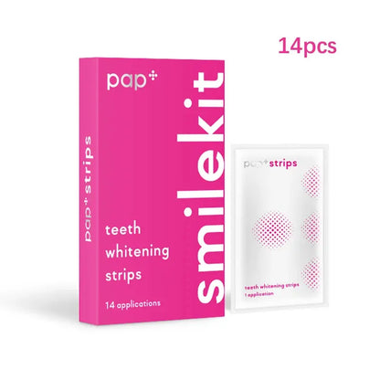 PAP+ Whitening Strips packaging with 14 applications for instant teeth whitening.