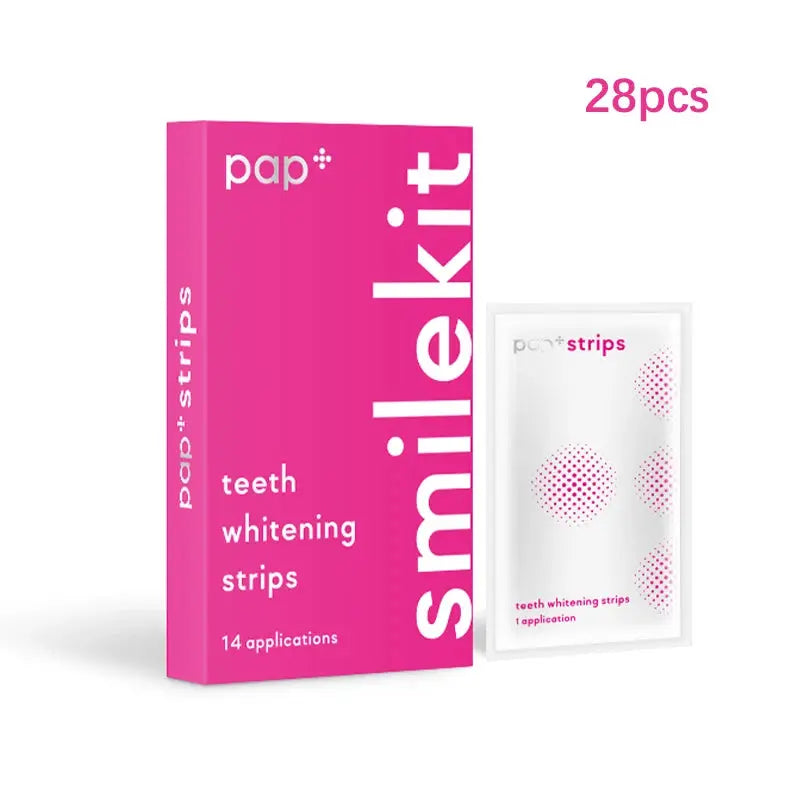 PAP+ Whitening Strips packaging with 28 pieces, offering dentist-backed teeth whitening.