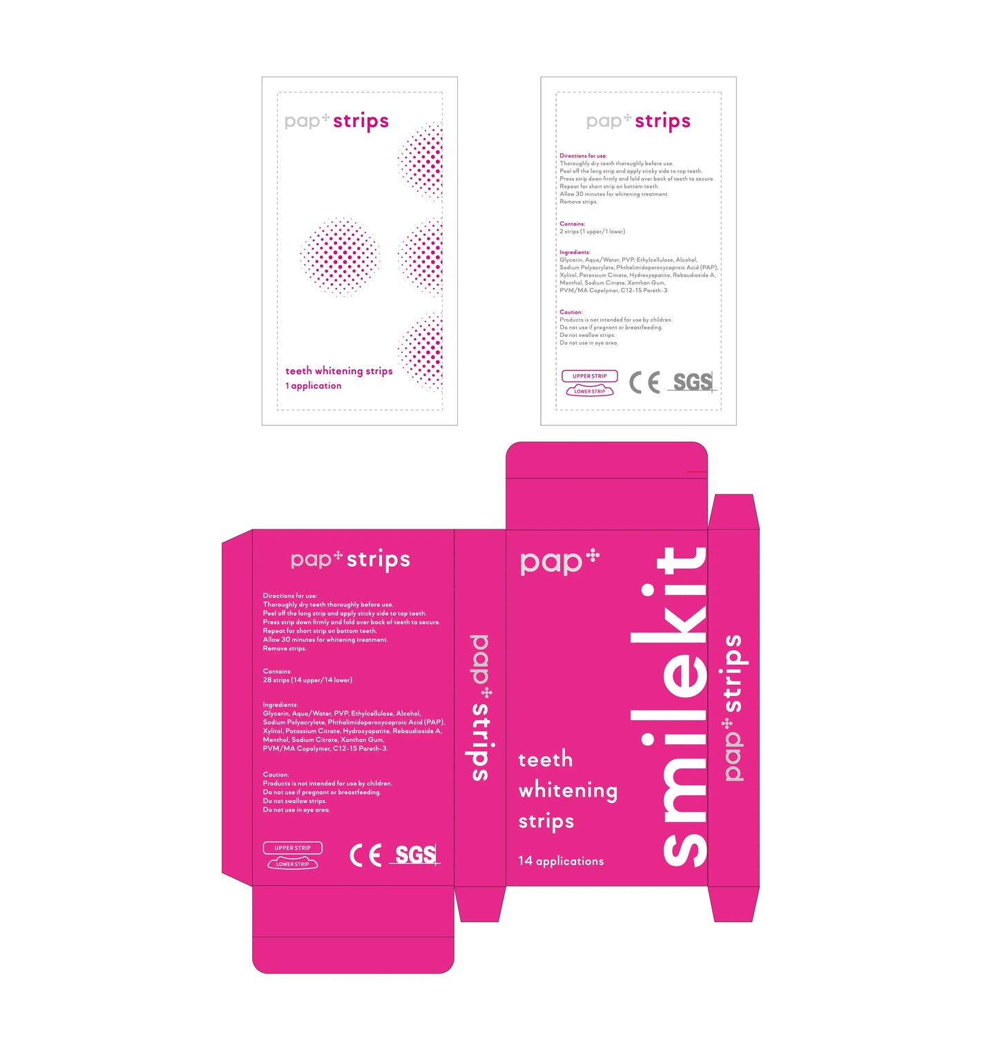 PAP+ Whitening Strips packaging with branding and application details.