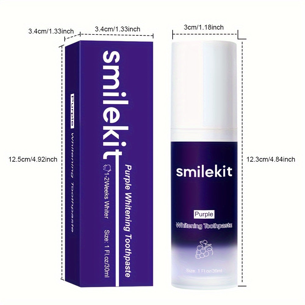 Purple Whitening Toothpaste in a sleek bottle with packaging, offering stain removal and grape flavor for a brighter smile.