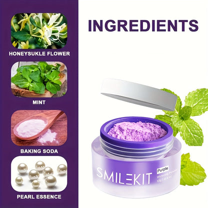 SMILEKIT Purple Teeth Whitening Powder ingredients: honeysuckle, mint, baking soda, pearl essence.