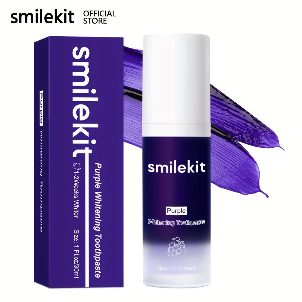 Grape-flavored purple whitening toothpaste for a brighter smile.