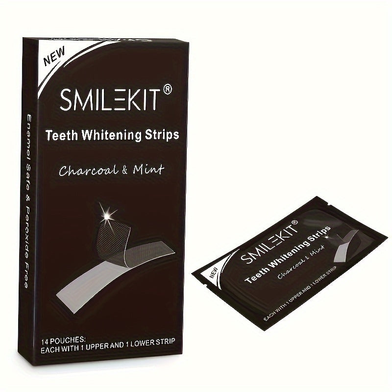 Bamboo Charcoal Teeth Whitening Strips packaging with individual strips for whiter smile.