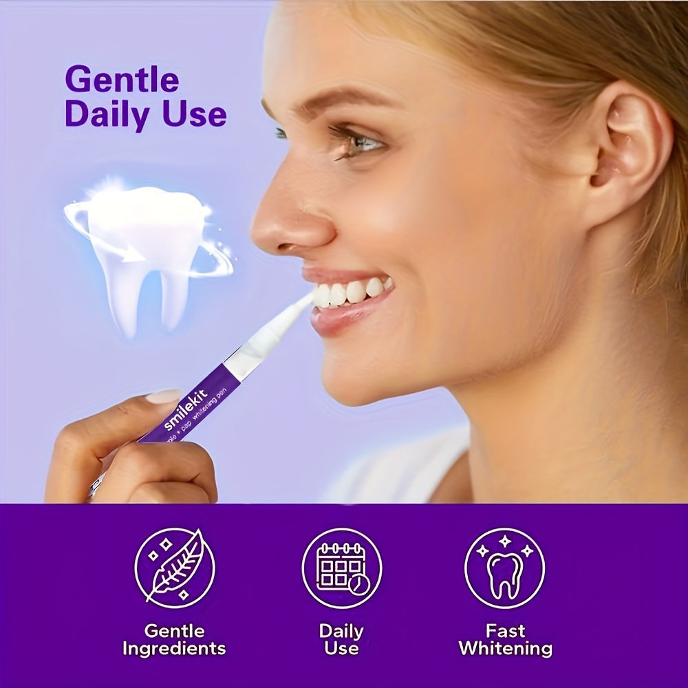 Woman using SMILEKIT Teeth Whitening Gel Pen, with icons for gentle ingredients, daily use, and fast whitening.