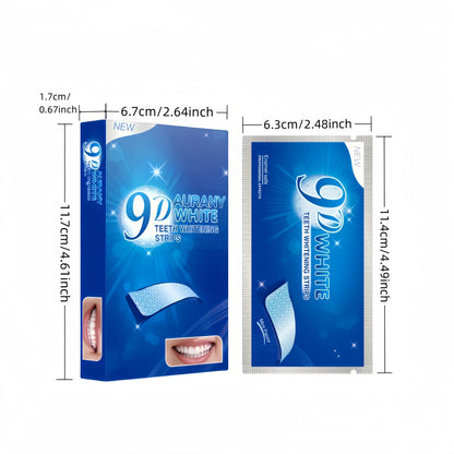 9D Teeth Whitening Strips packaging with dimensions, professional-grade home whitening solution.