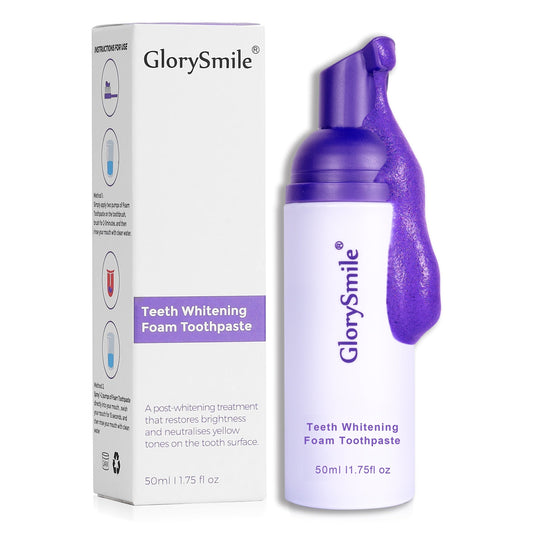 GlorySmile Purple Foam Toothpaste with packaging, teeth whitening and stain removal formula.