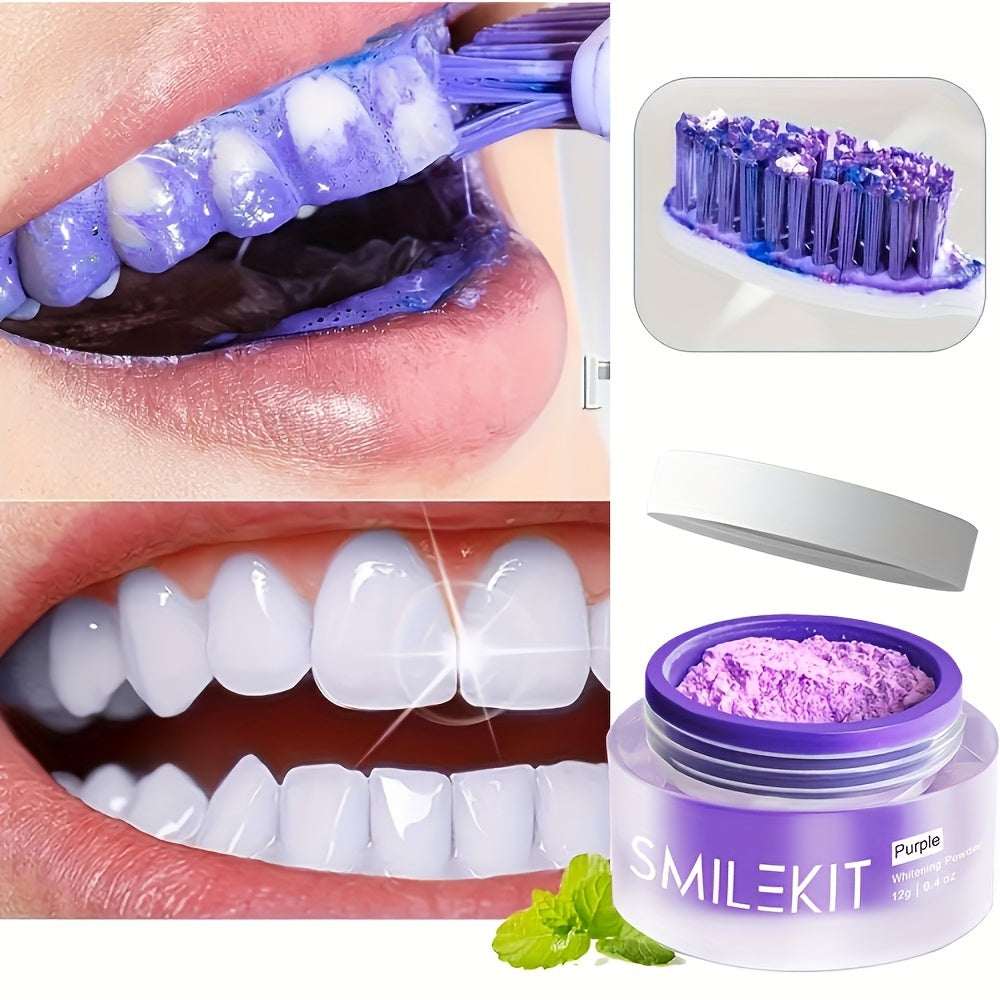 SMILEKIT Purple Teeth Whitening Powder for a radiant smile, shown applied on teeth with bright results.