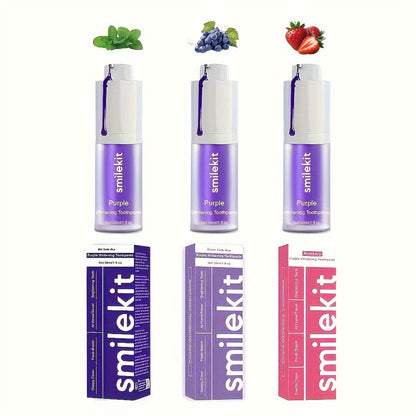 SMILEKIT Radiant Whitening Toothpaste variety pack with Strawberry, Grape, and Mint flavors for a brighter, whiter smile.