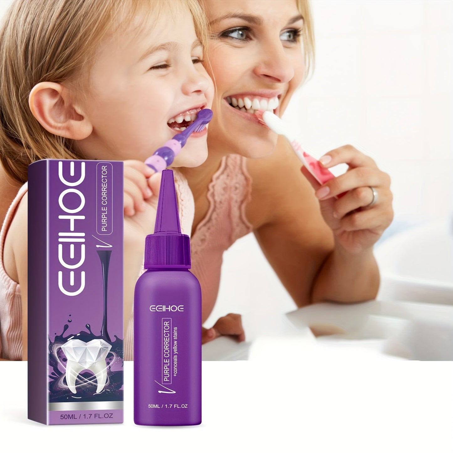 Mother and child using Purple Teeth Cleaning Liquid for teeth whitening and stain removal.