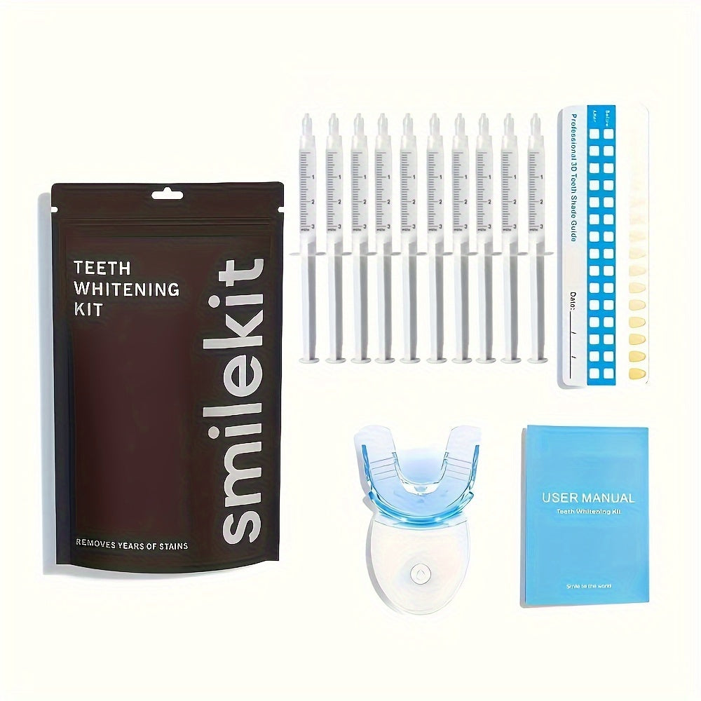 SMILEKIT Home Teeth Whitening Kit with LED light, gel pens, mouth tray, and shade guide.