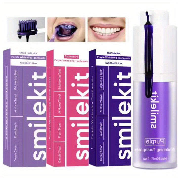 SMILEKIT Radiant Whitening Toothpaste variety pack with Strawberry, Grape, and Mint flavors for deep cleaning and fresh breath.