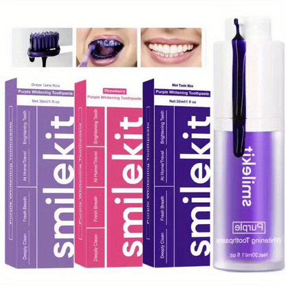 SMILEKIT Radiant Whitening Toothpaste variety pack with Strawberry, Grape, and Mint flavors for deep cleaning and fresh breath.