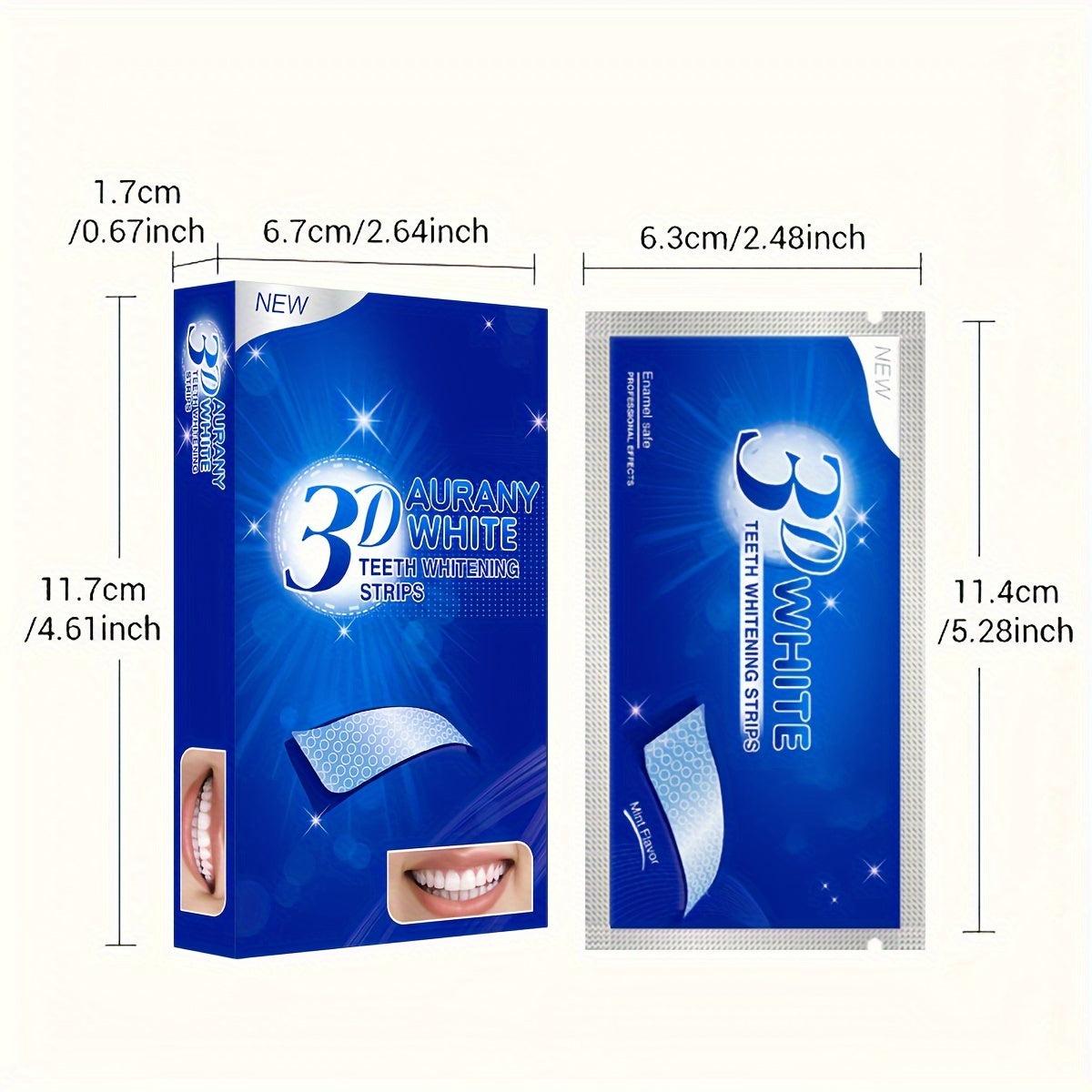 3D Teeth Whitening Strips packaging with dimensions.