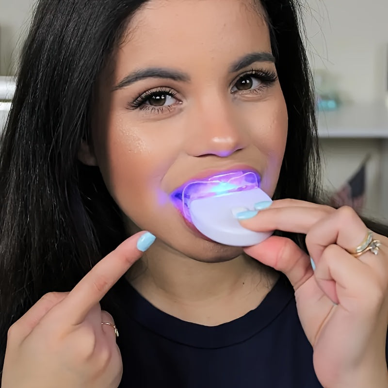 Woman using SMILEKIT Home Teeth Whitening Kit with LED light.