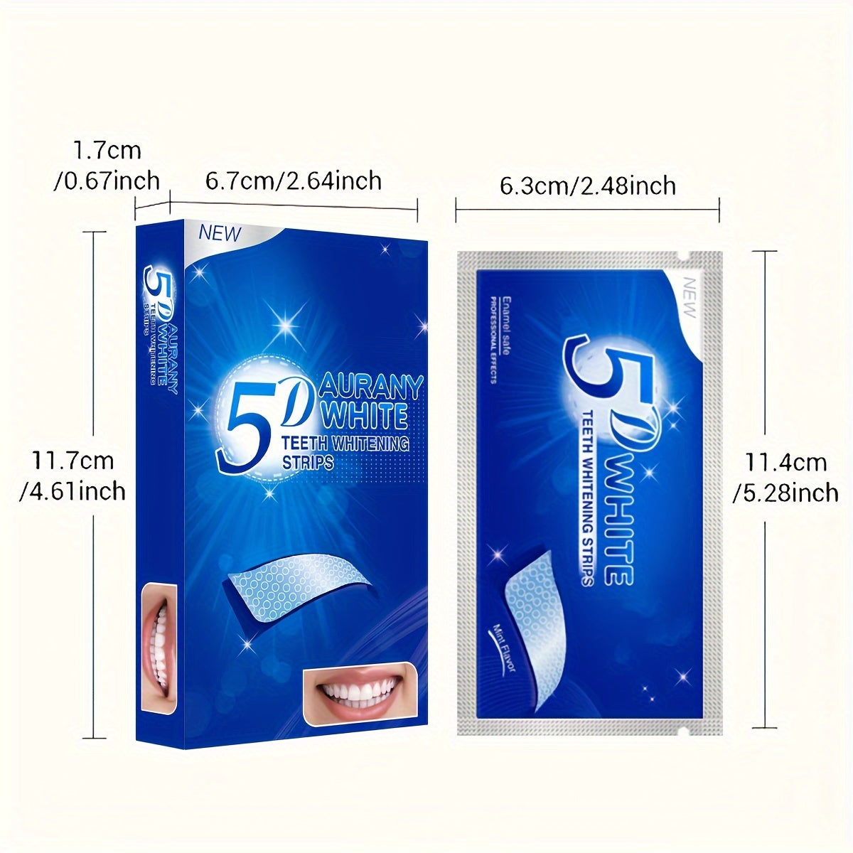 5D Teeth Whitening Strips packaging with dimensions.