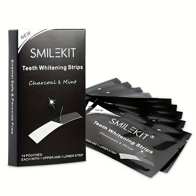 Bamboo Charcoal Teeth Whitening Strips, packaging and individual strips displayed, enamel safe formula.