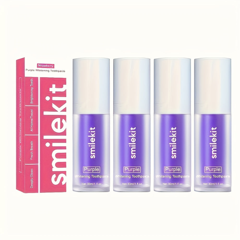 SMILEKIT Radiant Whitening Toothpaste variety pack with Strawberry, Grape, and Mint flavors.