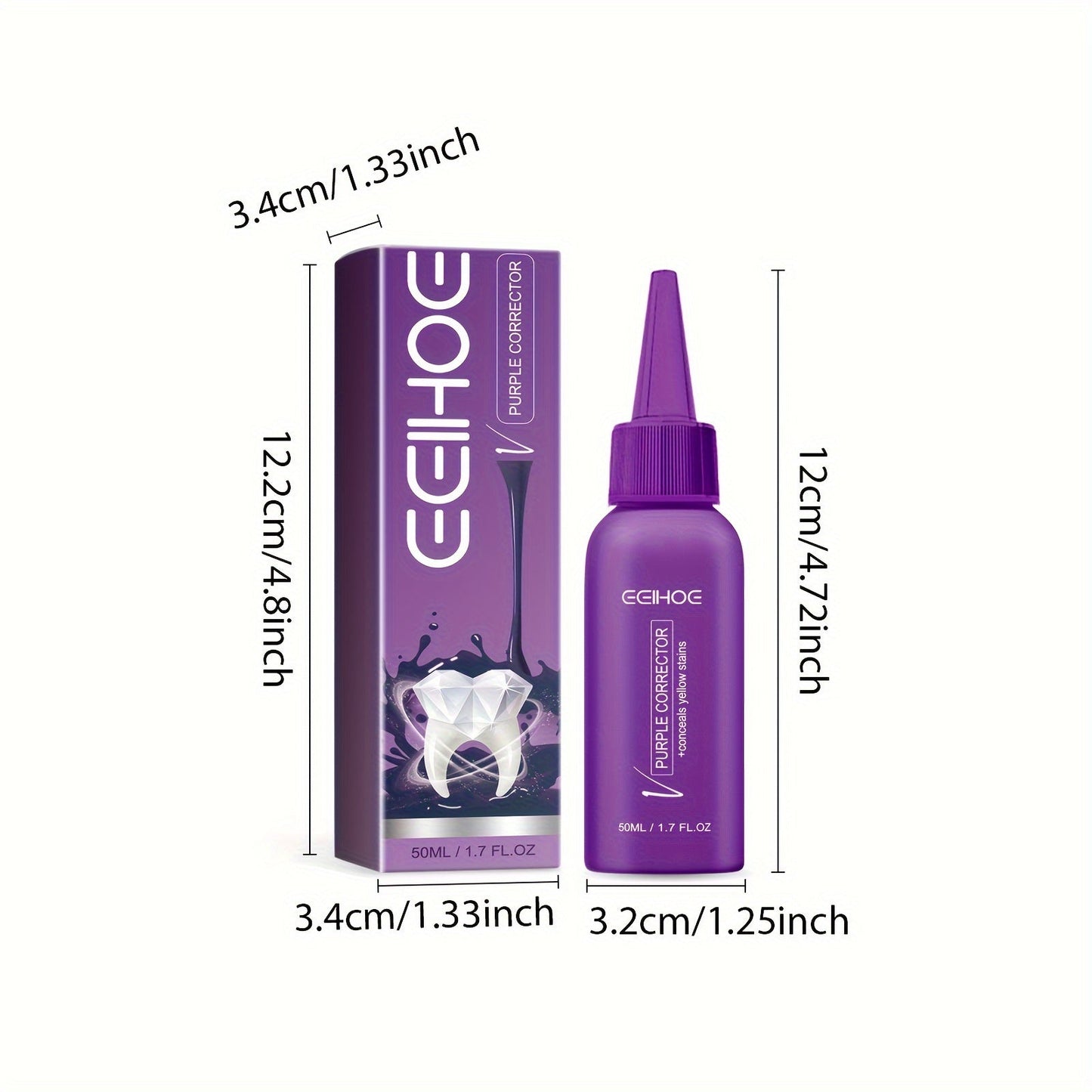 Purple Teeth Cleaning Liquid bottle and packaging with dimensions displayed, ideal for removing stains and whitening teeth.