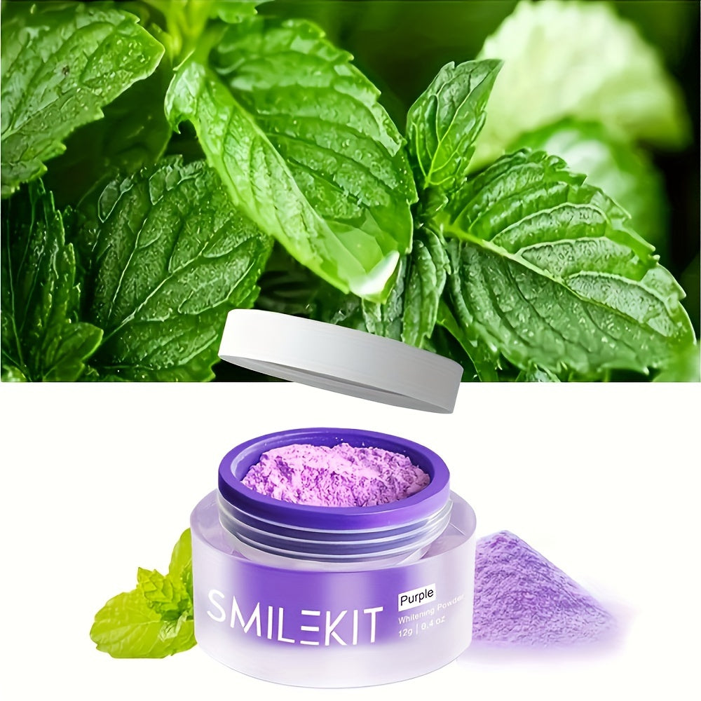 SMILEKIT Purple Teeth Whitening Powder container with fresh mint leaves in the background.