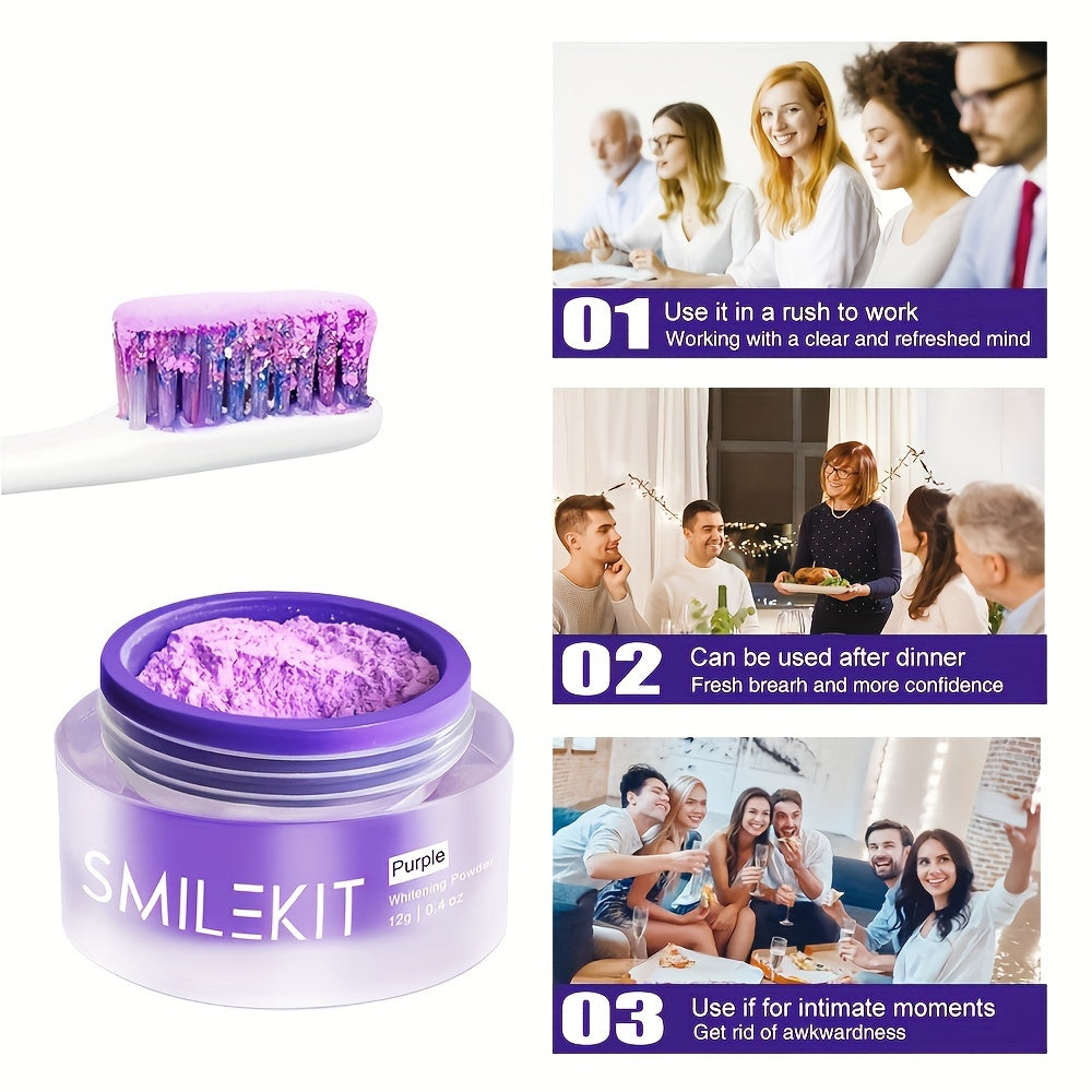 SMILEKIT Purple Teeth Whitening Powder with toothbrush and usage benefits for fresh breath and confidence.