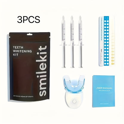 SMILEKIT Home Teeth Whitening Kit with LED Light, gel pens, mouth tray, and shade guide for natural stain removal.