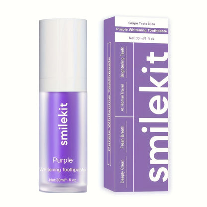 SMILEKIT Radiant Whitening Toothpaste in grape flavor packaging.