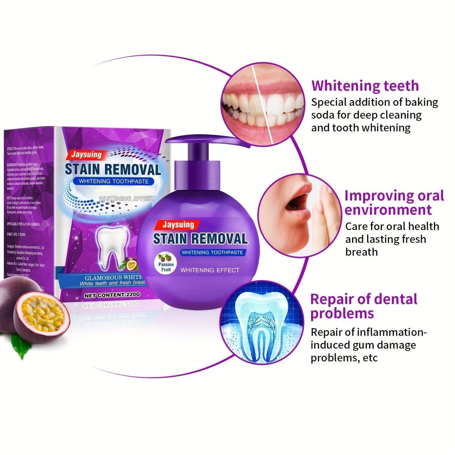 Whitening Baking Soda Toothpaste with Passion Fruit for Stain Removal and Fresh Breath