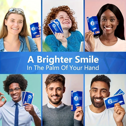 Group of people smiling and holding 3D Teeth Whitening Strips packages.