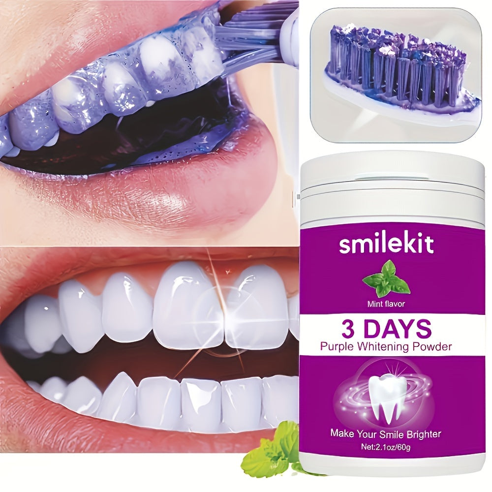 SMILEKIT Purple Teeth Whitening Powder for brighter teeth and fresh breath, mint flavor.