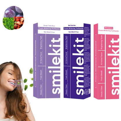 SMILEKIT Radiant Whitening Toothpaste with Strawberry, Grape, and Mint flavors for a brighter, healthier smile.