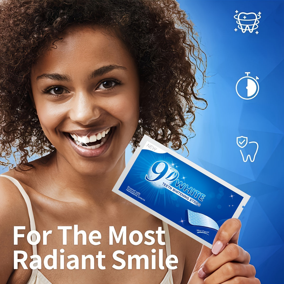 Woman using 9D Teeth Whitening Strips for a radiant smile.