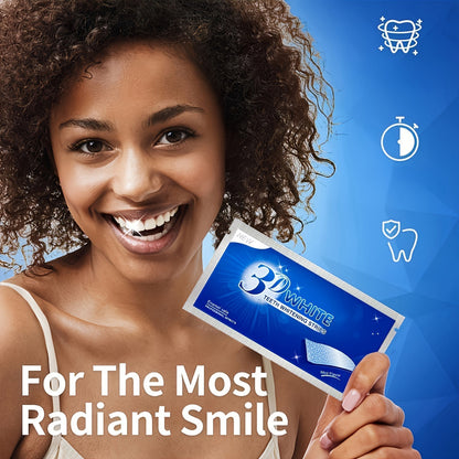 Woman smiling with 3D Teeth Whitening Strips package, promoting radiant smile results.