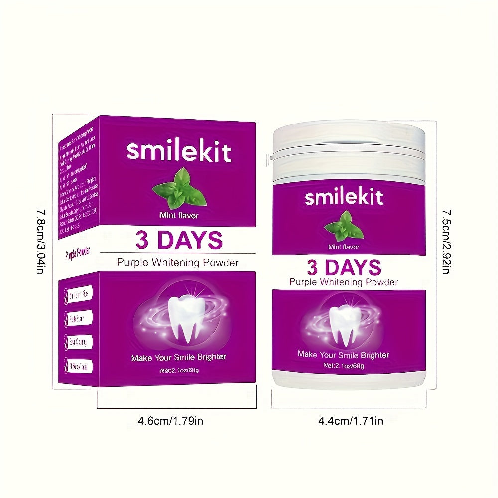 SMILEKIT Purple Teeth Whitening Powder package with mint flavor, 60g, promises a brighter smile in 3 days.